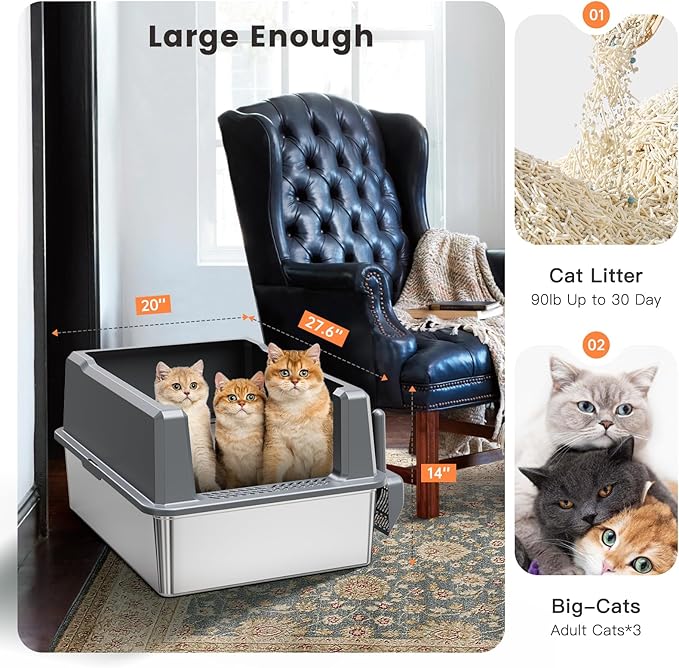 XXL Stainless Steel Cat Litter Box with High Sided, 27.6" L x 20" W x 14" H Extra Large Litter Box for Big Cats and Multiple Cats, Enclosure Cat Litter Pan with Anti-Urine Leakage, Easy Clean
