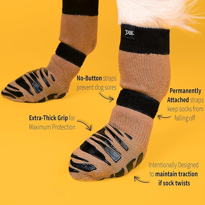 DOK TigerToes Premium Non-Slip Dog Socks for Hardwood Floors - Extra-Thick Grip That Works Even When Twisted - Prevents Licking, Slipping, and Great for Dog Paw Protection (Cool Caramel, X-Small)