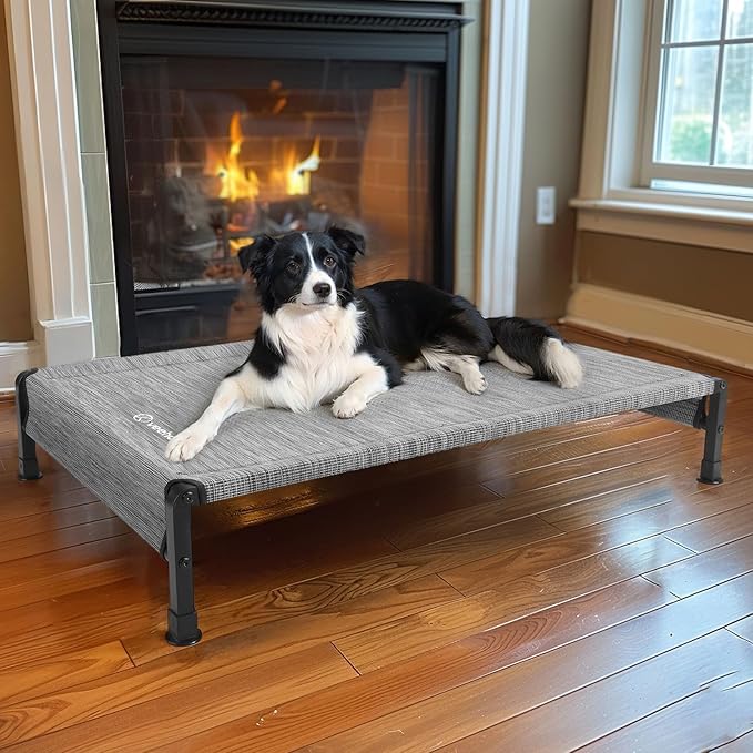 Veehoo Cooling Outdoor Dog Bed, Heavy Duty Elevated Pet Bed with Washable & Breathable Teslin Mesh, Non-Slip Silicon Feet, Dog Cot Bed with Support Hem, 41" x 27", Black Silver, CWC2433