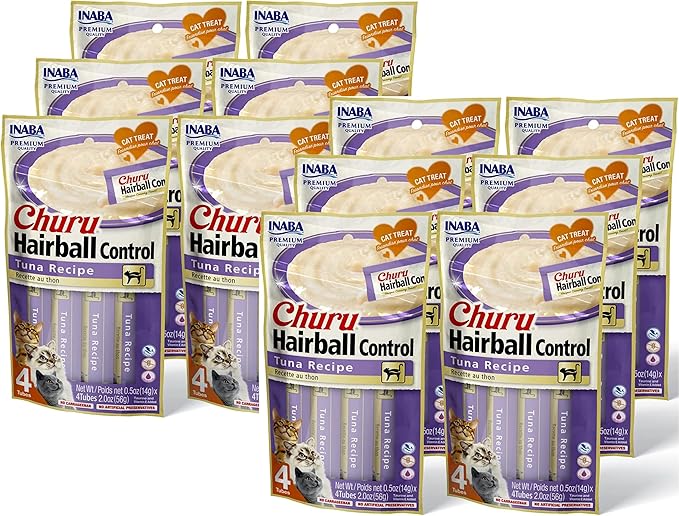 INABA Churu for Cats, Functional, Creamy Lickable Purée Cat Treat for Hairball Control with Taurine & Vitamin E, 0.5 Ounces Each, 48 Tubes (4 per Pack), Tuna Recipe