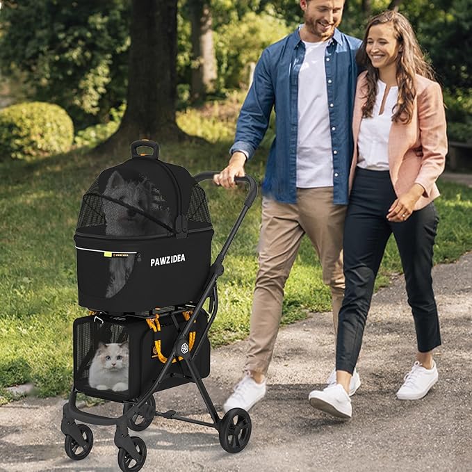 PAWZIDEA Double Pet Stroller with 2 Detachable Carriers, Portable Dog Crate for Car Travel & TSA-Approved Expandable Cat Carrier, Foldable Lightweight Jogger Stroller for 2–4 Cats or Small/Medium Dogs