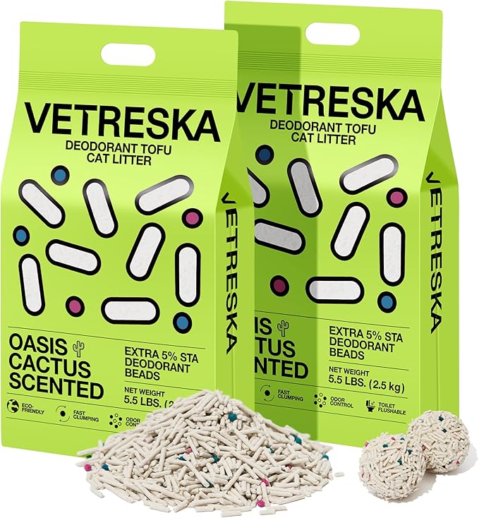 VETRESKA Tofu Cat Litter, Natural Kitty Litter Strong Clumping Flushable Pellets, Ultra Water Absorbent Deodorant Tofu Litter, Dust-Free Low Tracking Cat Litter, Cactus(5.5lb×2bags)
