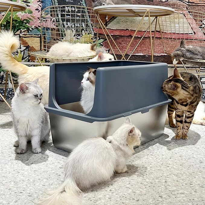 Large Stainless Steel Litter Box with Lid, High Sides, 16" Metal Cat Litter Box, Extra Large Litter Boxes for Big Cats, Tall Cat Litter Pan, Grey, Easy Clean