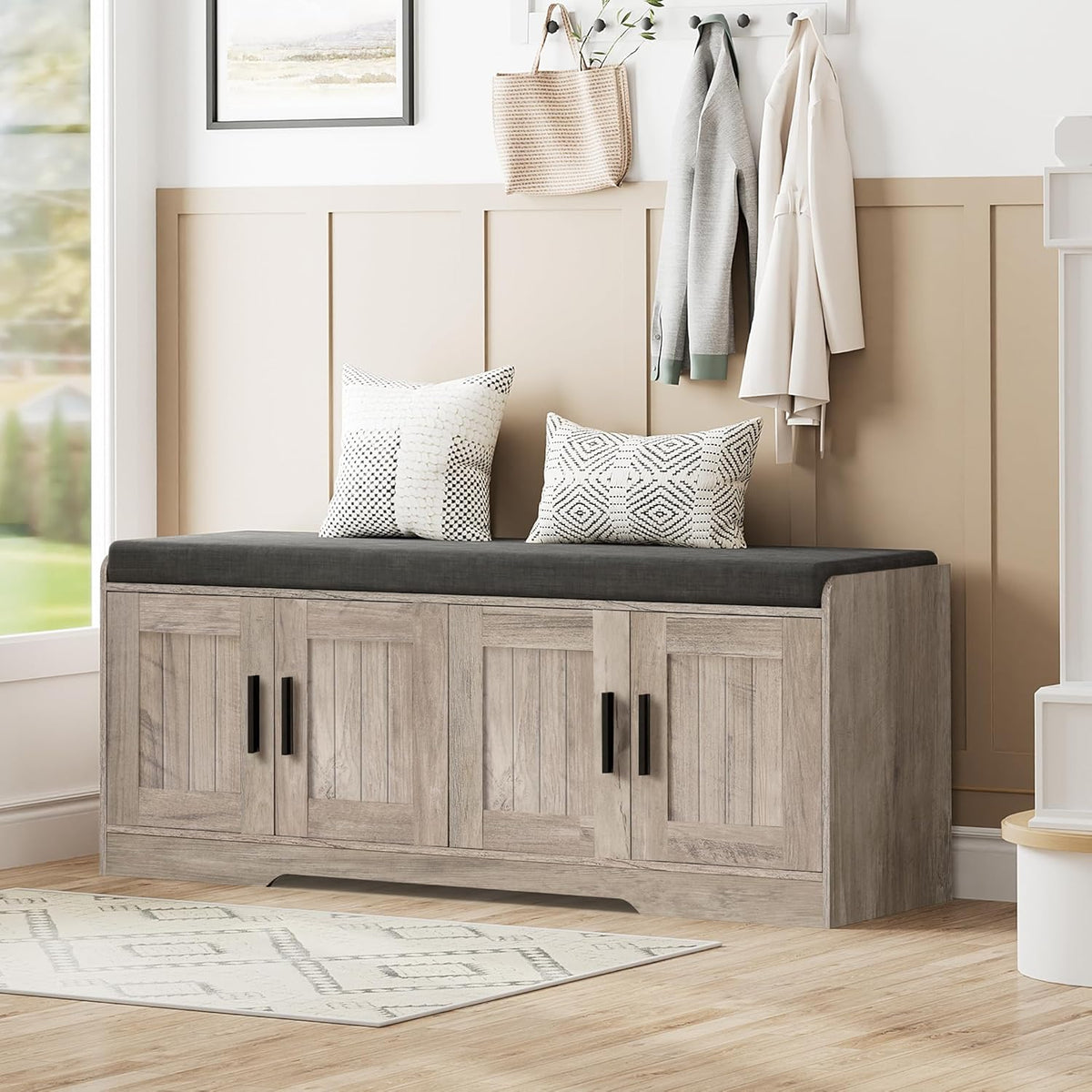 2-Tier Storage Bench, Shoe Bench with Thickened Padded Seat Cushion, Entryway Bench with 4 Doors, Adjustable Shelf, 13.8" D x 45.3" W x 18.5" H, for Entryway, Living Room, Bedroom, Greige