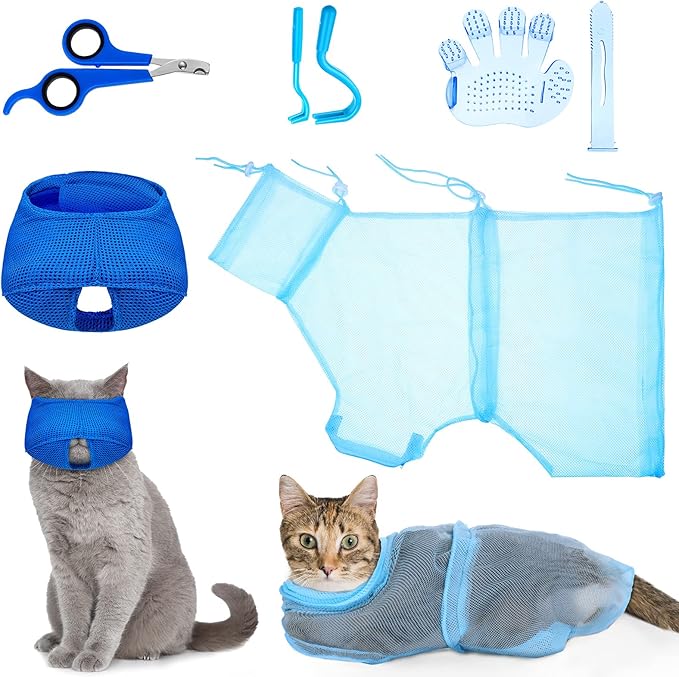 Patelai 5 Pcs Cat Bathing Bag Set Cat Grooming Bag Adjustable Pet Shower Net Muzzles Nail Clipper Tick Remover Tool Massage Brush(Blue)