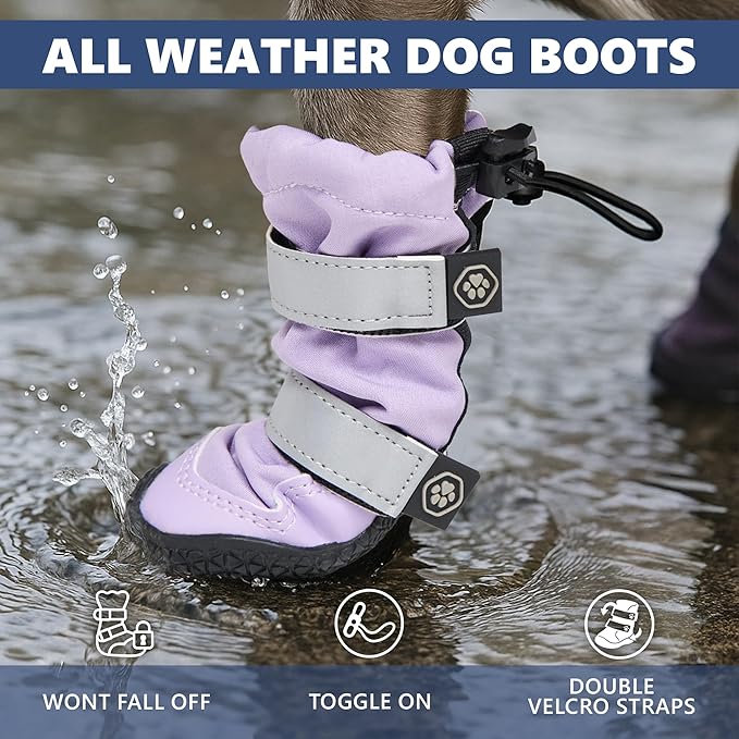Spark Paws Dog Shoes, Waterproof Dog Boots for Medium to Large Dogs, Non Slip, Breathable Dog Booties and Paw Protectors - 4PCS Doggie Hiking Boots with Reflective Straps - Lilac, Size 1