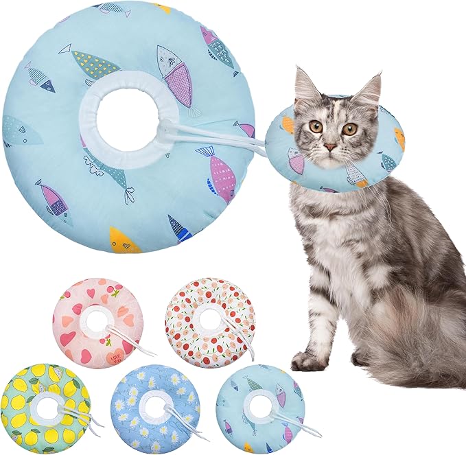 Cat Cone Collar Soft, Spay Soft Cones to Stop Licking, Cat Neck Donut Pillow After Surgery, Spay Cones for Kittens, Soft Recovery Cone for Cats, Elizabethan Kitten Cones (Blue Fish, Medium)