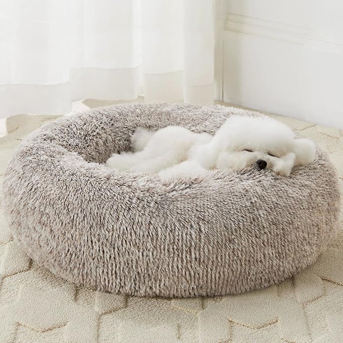 WNPETHOME Calming Dog Bed Cat Bed Donut, Faux Fur Pet Bed Self-Warming Donut Cuddler, Comfortable Round Plush Dog Beds (30 x 30 x 10 Inch, Light Coffee)
