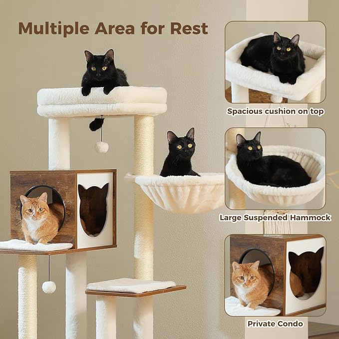 Tall Cat Tree with Litter Box Enclosure 57.5" Wooden Cat Tower for Large Cats with Cat Hammock House Bed (Wood Walnut)