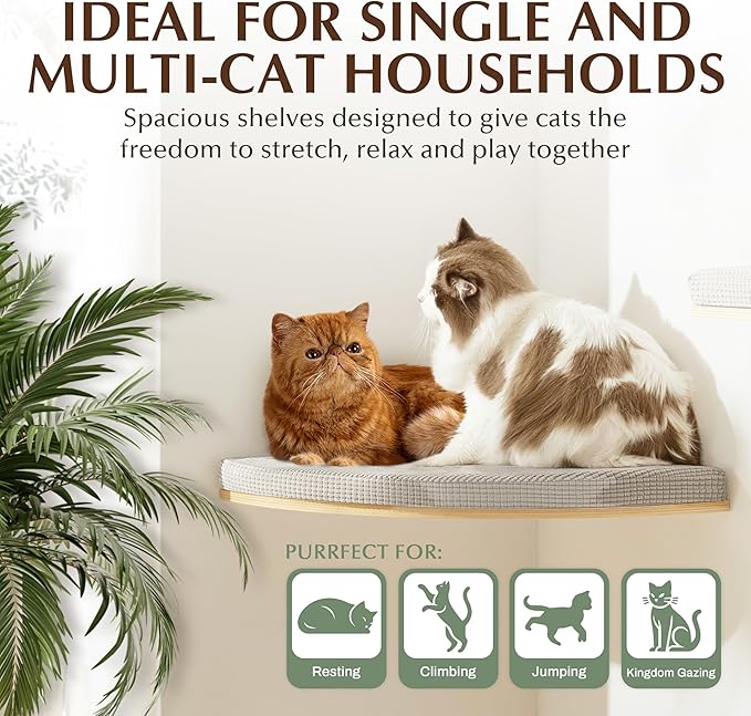 Large 9.84” CALLICO HAVEN- Corner Cat Wall Shelves, Modern Wall-Mounted Cat Furniture, Corner Wall Hammock for Cats, Space-Saving Wall Cat Tree Bed, Sturdy/Hidden Mounts, Washable Cover- Fan Shape