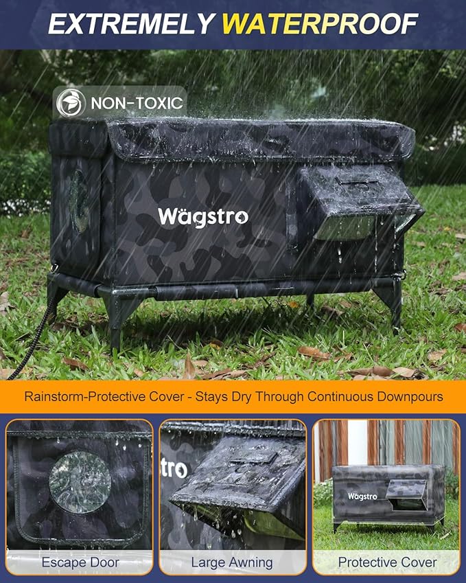 Heated Cat House for Outside, Insulated Weatherproof Heated Outdoor Cat House with Waterproof Eaves & Escape Door, Elevated Outdoor Cat Shelter for Feral Stray Cat (Black Camo, 25.6"x17"x18")