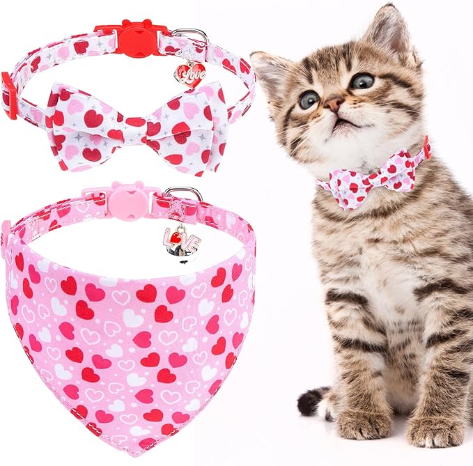 EXPAWLORER Valentines Cat Collar Breakaway with Bells - 2 Pack Holiday Cat Collars with Removable Bow Tie and Bandana, Adjustable Valentines Day Pet Collar for Cats Kittens, Pink Heart