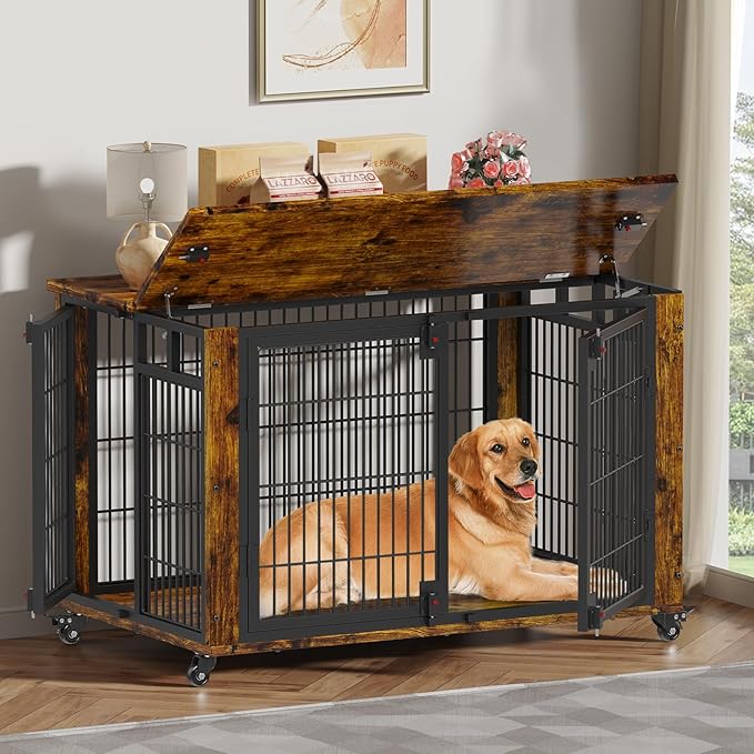 EasyCom 41" for Training Moveable XL Dog Crate, Large Dog Crate Furniture with Top-Access Teasing/Feeding Doors, Chew-Resistant Dog Kennel Indoor Furniture for Medium and Large Dogs