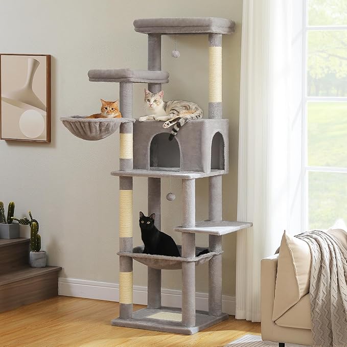 PAWZ Road Tall Cat Tree, 73 Inches Large Cat Tower with Large Padded Perch,2 Spacious Hammocks,8 Long Scratching Posts, XL Plush Cat Condo for Indoor Adult Cats,Gray