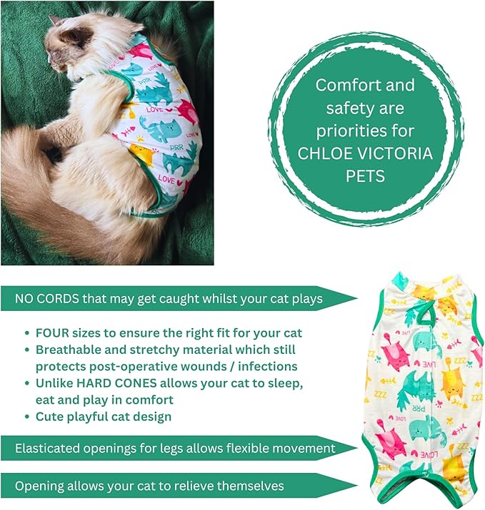Cat Recovery Suit Surgical Onesie for Post Surgery/Neuter/Spay. Protection for Wounds and Skin infections for Male/Female Cats. Comfortable, Safe, (no Loose Cords) Cone Alternative. (Small)