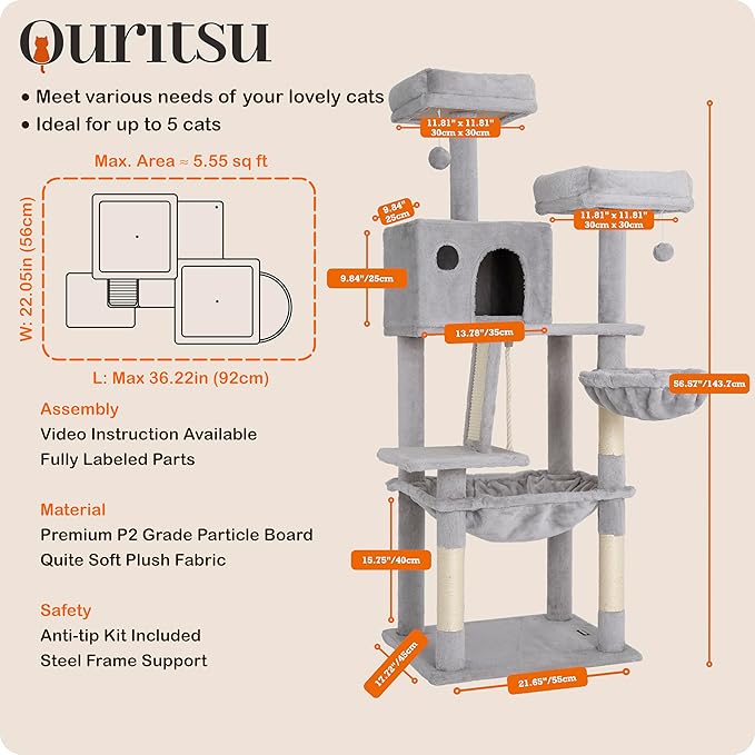 Ouritsu Cat Tree, 56 inch Tall Cat Tower for Large Cat Indoor, Large Condo, 2 Padded Perches, Steel-Framed Hammock, Scratching Post and ramp, Fluffy Basket, Light Gray, LF001GA