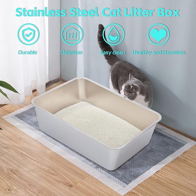 Large Stainless Steel Cat Litter Box-Metal Litter Box for Cats, High Sided Metal Litters Boxes, No Smell, Non Stick, Easy Clean, Odor Proof, Indoor Outdoor