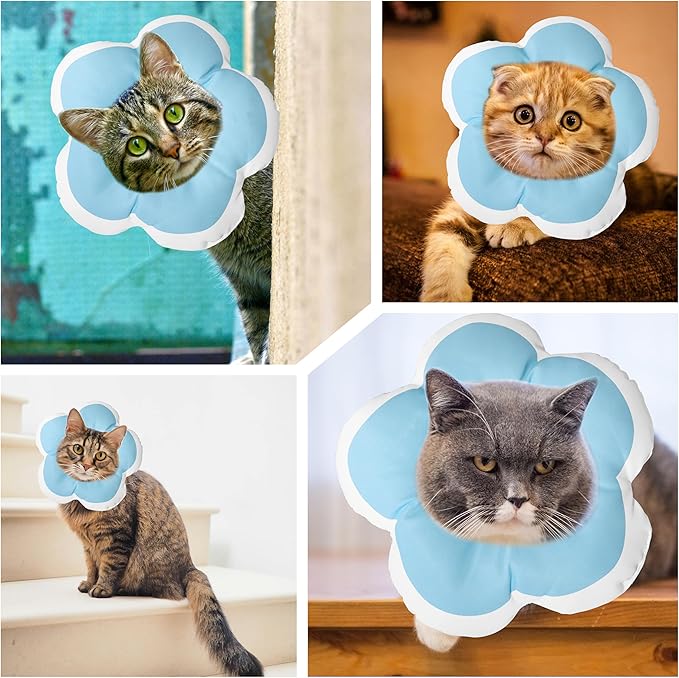 Cat Cone Collar Soft, Waterproof Cats Cones to Stop Licking After Surgery, Adjustable Soft Elizabeth Cats Collars for Wound Healing, Flower Shape Cat Recovery Collar (Blue, Large)