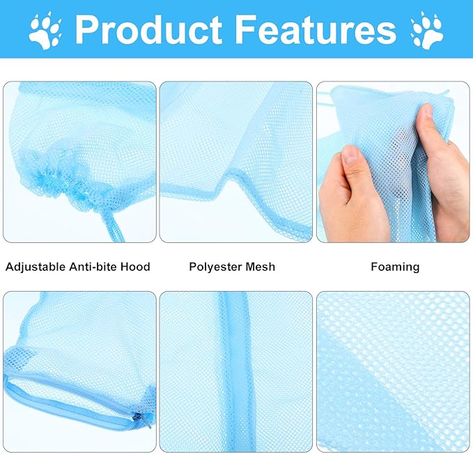 Patelai 5 Pcs Cat Bathing Bag Set Cat Grooming Bag Adjustable Pet Shower Net Muzzles Nail Clipper Tick Remover Tool Massage Brush(Blue)