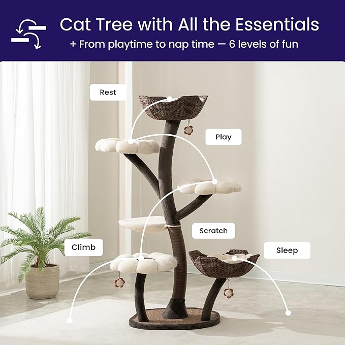 Catry Blossom 59" Flower Cat Tree with Replaceable Flower Perches and Scratching Posts, Handwoven Baskets with Washable Beds, Durable Iron Frame for Large & Multi-Cat Homes
