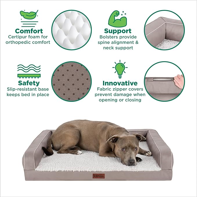 Furhaven Cooling Dog Sofa Bed – Memory Foam Couch with Bolsters, Textured Plush & Water-Resistant Cover, Washable Cover - Greige, Large