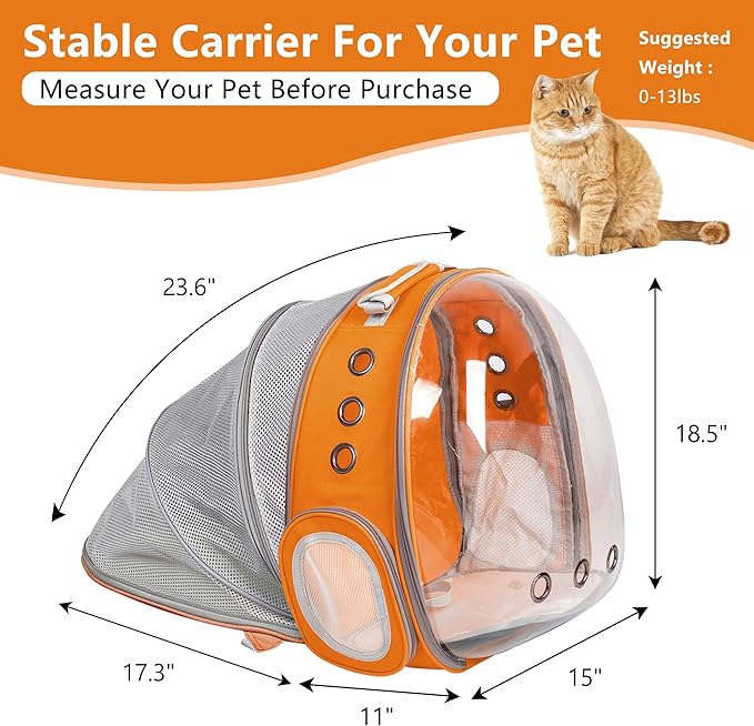 Cat Backpack Carrier Back Expandable Bubble Pet Carrier Backpack for Large Cat, Kitten and Dog, Designed for Hiking, Travelling and Outdoor Use (Back Expandable-Orange)