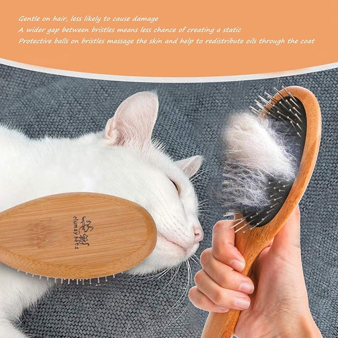 ClumsyPets Dog & Cat Ball Pin Slicker Grooming Brush with Bamboo Handle for Pets Massage Bath and Removes Mats Loose Fur Hairs