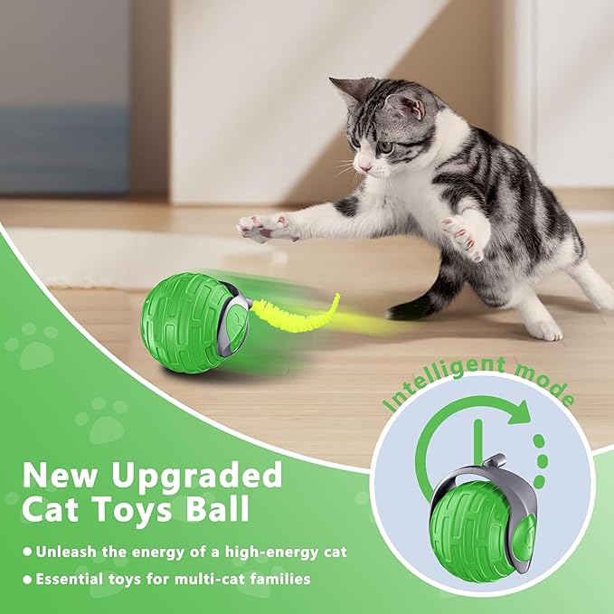 Cat Toys,Interactive Cat Toys Ball for Bored Indoor Cat,Automatic Rolling,Drop Resistant and Obstacle Avoidance,2 Modes Adjustment,Fluffy Tail and USB Type-C Rechargeable（Green）