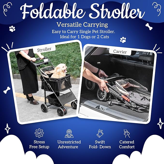Pet Stroller with 4 Rolling Casters for Pets – Lightweight Multifunctional Travel Stroller with Mesh Windows, Cup Holder, Sun Shades & Storage Pocket for Puppy and Kitty