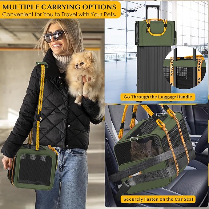 PAWZIDEA Expandable Pet Carrier with Wheels, 18X11X11 TSA Airline Approved Cat Carrier w/ID Card for 2 Cats, Small Dog Carrier Car Seat Travel Bag, Max Weight Recommendation 18 lbs，Green