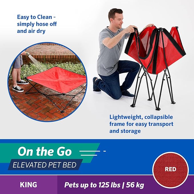 Coolaroo On-The-Go Elevated Dog Bed - Foldable Pop-Up Travel Dog Bed with Breathable, Moisture-Resistant Fabric, Carry Bag Included, Lightweight & Portable, Red, Extra Large