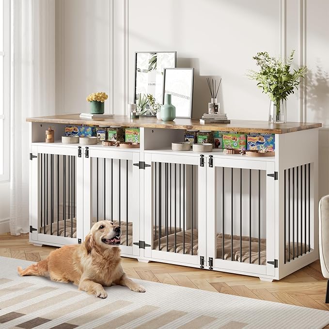72'' Dog Crate Furniture for 2 Dogs, Wooden Dog Cage with Storage Compartment, Indoor Dog Kennel with 4 Doors for Large/Medium Dogs, White