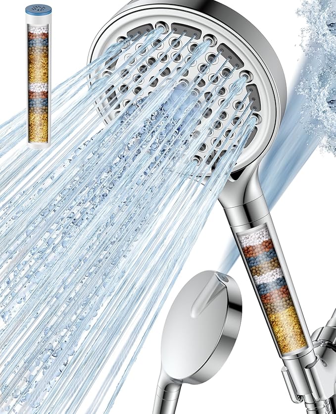 Filtered Shower Head with Handheld, Huge 6-Inch High Pressure Detachable Showerhead with Filters, Premium Chrome Water Softener Shower Head for Hard Water, Built-in Power Wash to Clean Tub and Pets