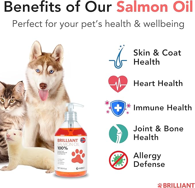 Salmon Oil for Dogs - Healthy Skin & Coat, All Natural Norwegian Fish Oil Food Supplement for Pets, Omega 3 EPA DHA, Ideal for Shedding, Allergy, Itching, Dry Skin, Joint & Bone Health - 16.9 Oz