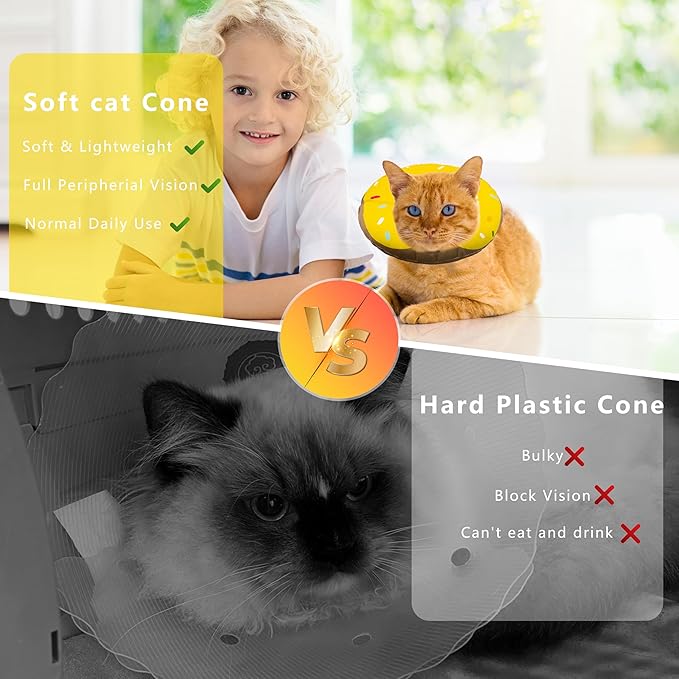 Cat Cone Collar Soft, Adjustable Cat Recovery Collar Kitten Cones to Stop Licking, Cute Donut E Collar After Surgery, Cats Neck Pillow Cone Elizabethan Cones of Shame (Waterproof Yellow, Small)