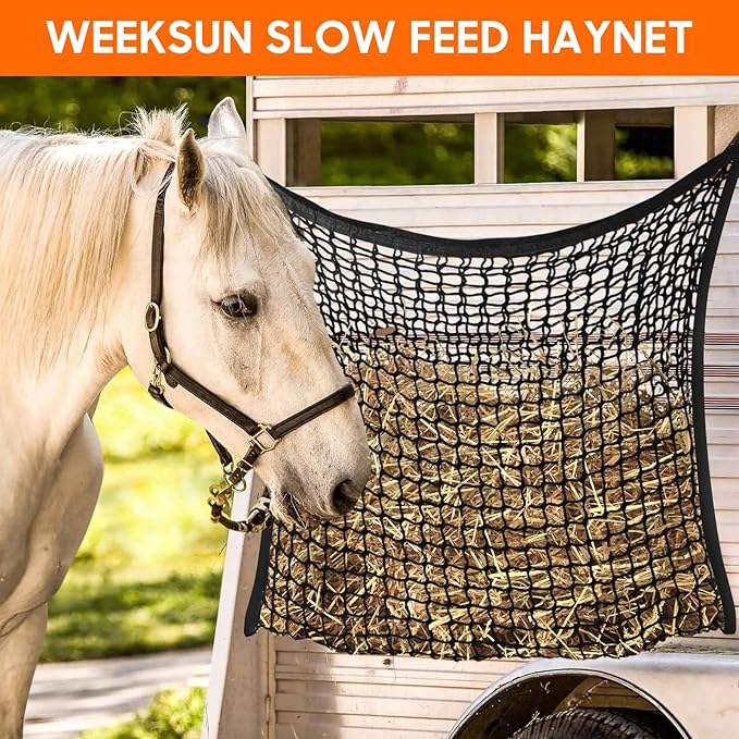 4 PCS Slow Feed Hay Net, Hay Bags for Horses with Large Capacity, Horse Feed Bag Easy to Hang, Hay Nets for Horses for Horse Feeder Full Day Feeding Horses Goat Stall Trailer (31.5" x 35.1")