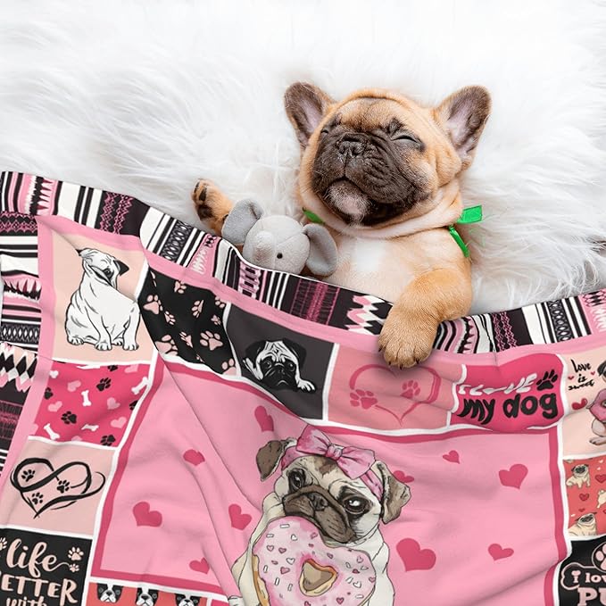 Pug Blanket for Dog - Pink Paw Print Throw Blanket 30x20 Pet Blanket for Couch Sofa Bed