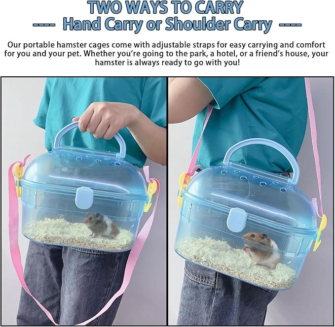 Portable Hamster Cage Syrian Hamster Carry Travel Cage with Water Bottle Food Bowl Adjustable Strap Small Animals Outgoing Cages for Gerbil Squirrel Guinea Pig Chinchilla Hedgehog Blue