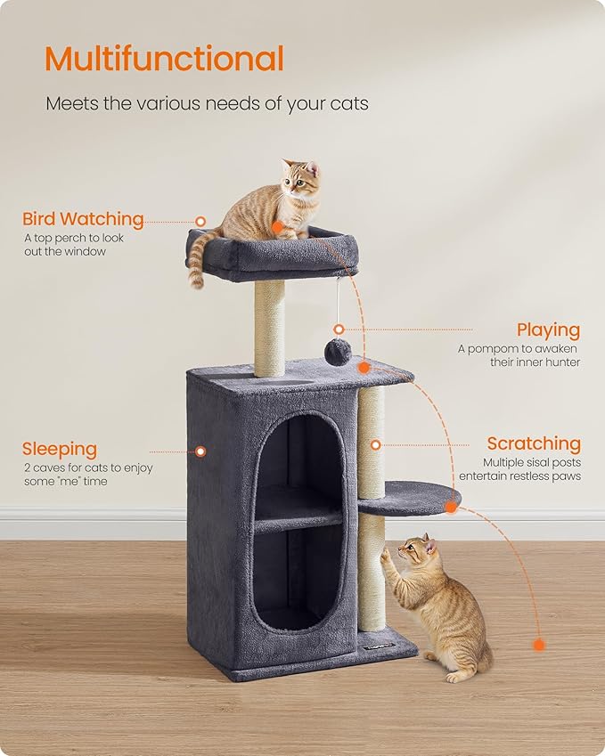 Feandrea Cat Tree Tower with 2 Caves for Multi-Cat Households, Kittens, Scratching Posts, Dark Gray UPCT005G02