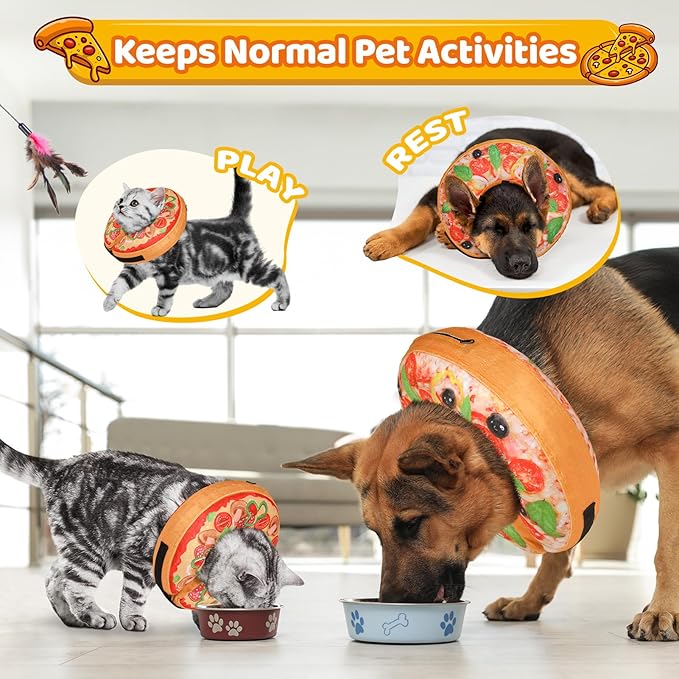 Grand Line Pizza Inflatable Collar for Dog and Cat, Soft Protective Recovery Cone After Surgery, Blow up Pet Donut Collar Cone, E-Collar Alternative Does not Block Vision (Cartoon,X-Large)