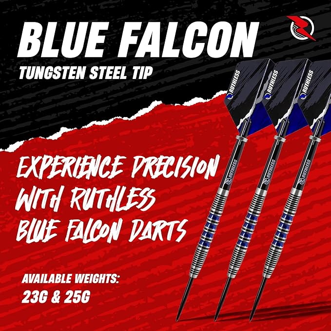 RUTHLESS Red Falcon Professional Tungsten Steeltip Darts Set in 22g and 24g, with Flights and Stems Shafts