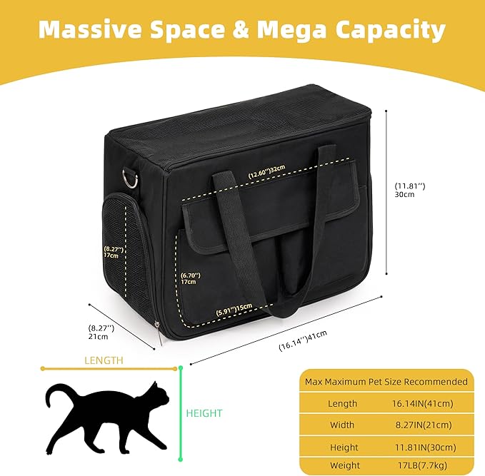 Cat & Dog Carrier for Pets Up to 15 Lbs, Airline Approved Soft-Sided Collapsible Pet Carrier for Cats & Dogs, Cat Carrier with Breathable Mesh, Padded Interior – Ideal for Car Rides, Daily Use(Black)