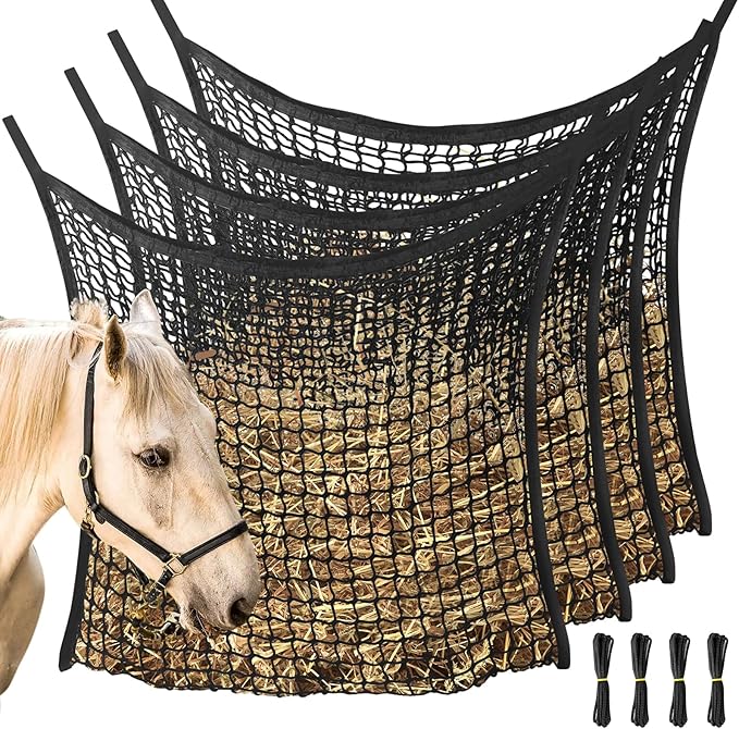 4 PCS Slow Feed Hay Net, Hay Bags for Horses with Large Capacity, Horse Feed Bag Easy to Hang, Hay Nets for Horses for Horse Feeder Full Day Feeding Horses Goat Stall Trailer (31.5" x 35.1")