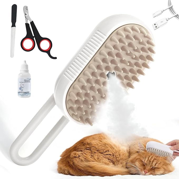 Cat Steam Brush - 5 In1 Grooming Kit for Cats and Dogs Silicone Massage Tool - Stainless Steel Nail Scissors - Hair Detangling Comb - Water Spray Rechargeable Shedding Wash-Free Essence (White)