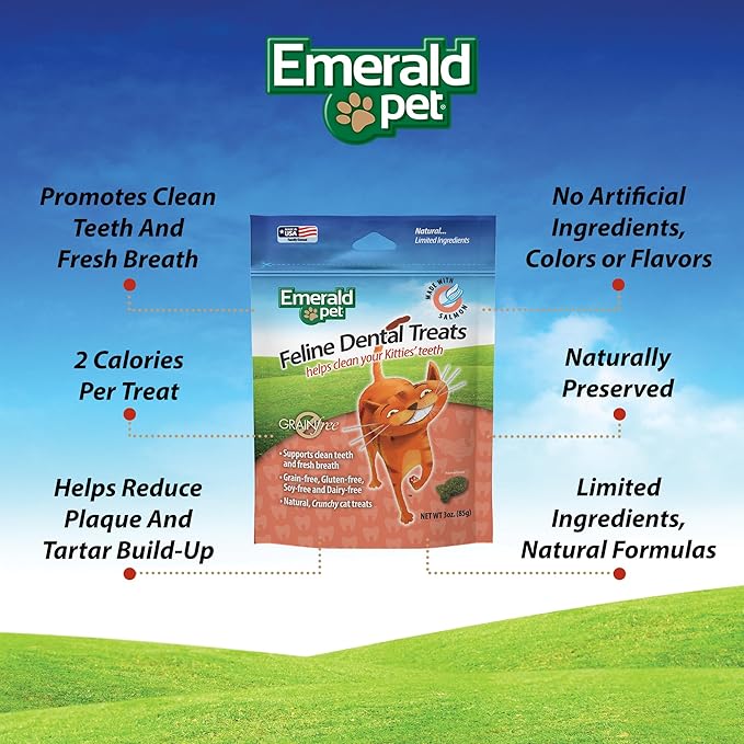 Feline Dental Treats — Tasty and Crunchy Cat Dental Treats Grain Free — Natural Dental Treats to Clean Cat Teeth, Freshen Cat Breath, and Reduce Plaque and Tartar Buildup — Salmon Treats, 3 oz