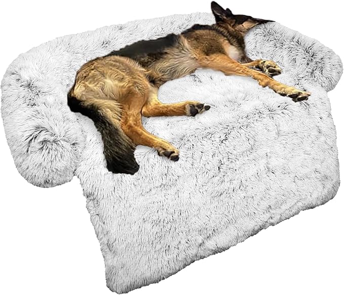 Calming Dog Bed Fluffy Plush Dog Mat for Furniture Protector with Removable Washable Cover for Large Medium Small Dogs and Cats (Large, Light Grey)