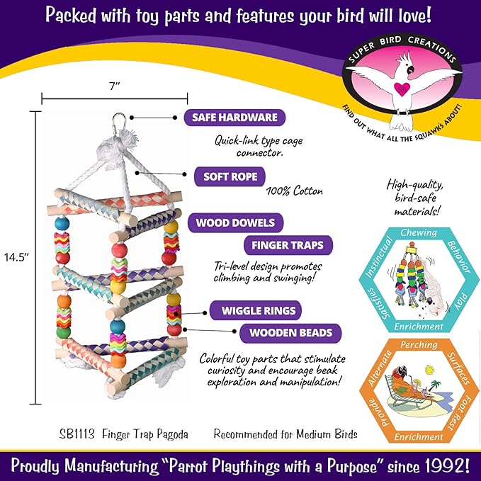 Super Bird Creations SB51113 Finger Trap Pagoda Bird Toy - Satisfies Chewing for Canary Finch Parrotlets Cockatiels - Vibrant Design with Cotton Rope, Beads, & Rings - Medium Size Birds, 14.5"x7"x7"