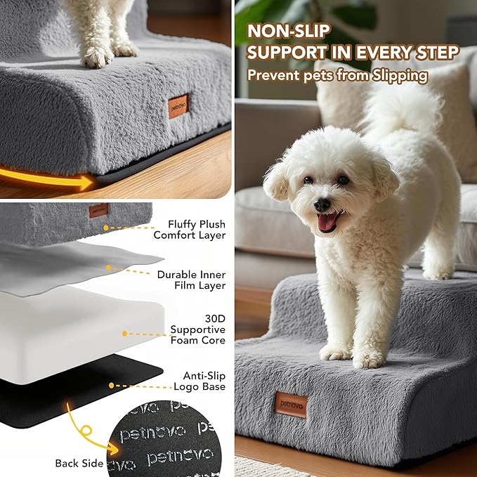 PETNOVO Ultra-Soft Rabbit Fur-Like Dog Stairs for Couch/Bed, Luxury Comfort 3-Step for Small & Senior Dogs, Non-Slip, Removable Washable Cover, Oeko-TEX Certified, 22.4" D x 15.7" W x 15.7" H, Gray
