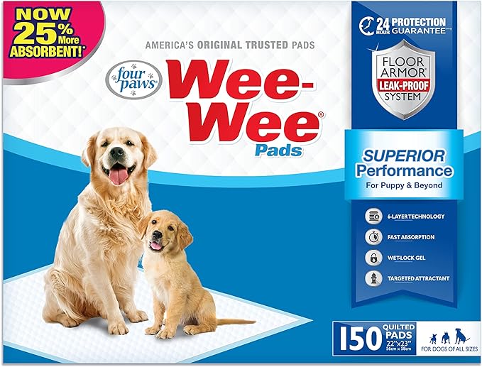 Four Paws Wee-Wee Superior Performance Unscented Pee Pads for Dogs & Puppies, Quilted Leak-Proof Dog Housebreaking Potty Training Floor Protection, 22" x 23", 150 Count