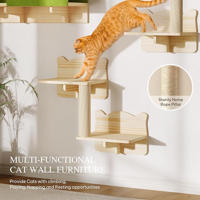 Cat Wall Shelves and Perches, Solid Wood Wall Cat Furniture, Set of 7 Feline Climbing Shelves with Bed, Steps, Scratching Post and Tunnel